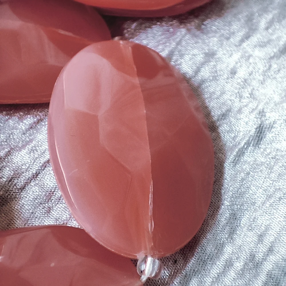 Salmon Color Faceted Translucent Acrylic Lucite Large Oval Flat Bead Necklace